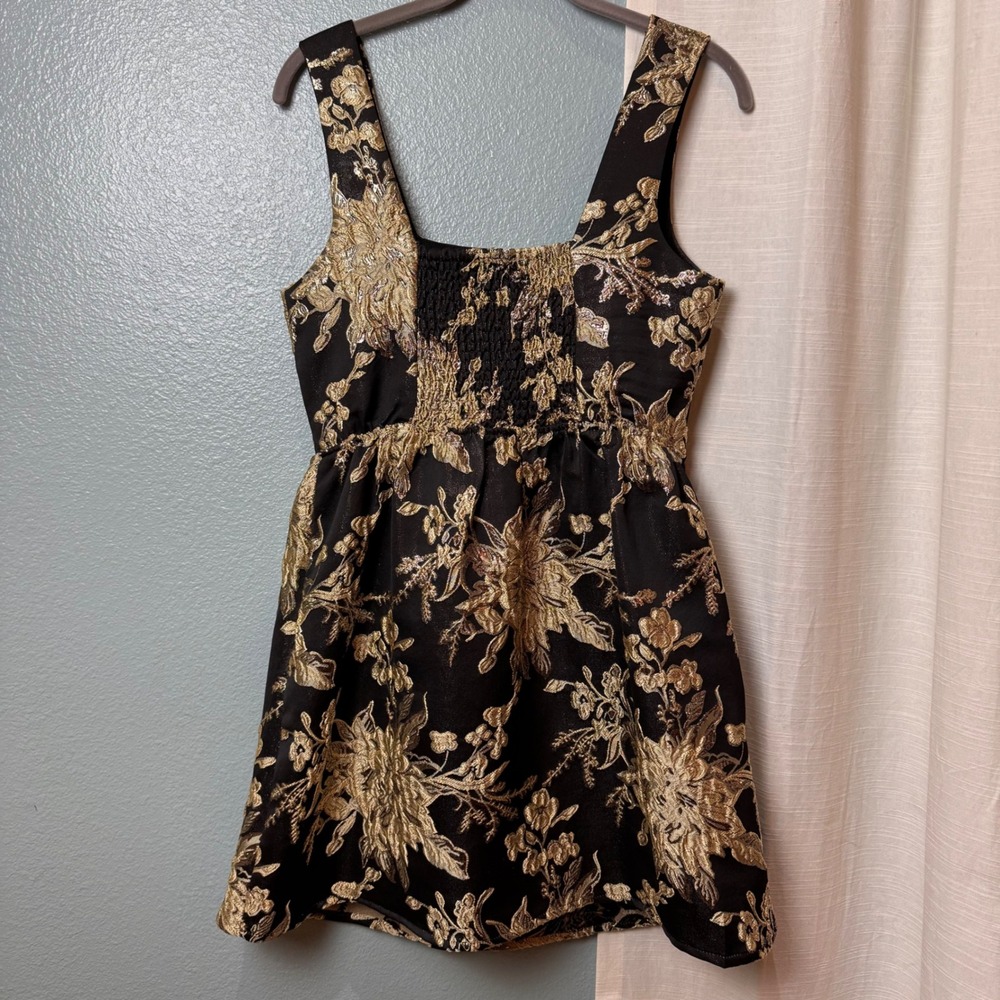 Band of the Free Dress Women S Black Gold Floral Brocade‎ Mini Square Neck - Picture 3 of 11